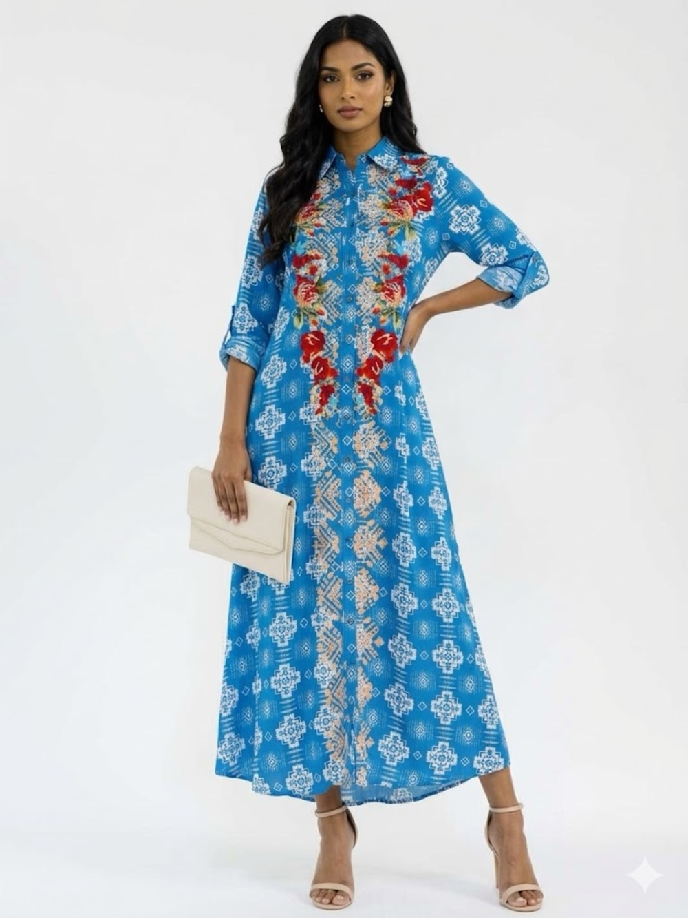 Blogger favorite LONG SLEEVE BUTTON UP SLIT FLORAL EMBROIDERY POCKETS MAXI DRESS
